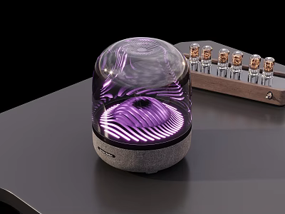 Modern Speaker With Transparent Globe Design Purple Light Waves Wooden Base And Vacuum Tubes 3d model
