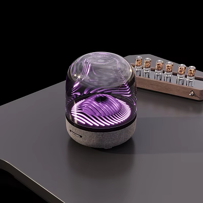 Modern Speaker With Transparent Globe Design Purple Light Waves Wooden Base And Vacuum Tubes 3d model
