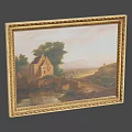 Vintage Landscape Painting With Gold Frame Country House Trees Bridge And River