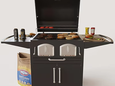 Outdoor Grill Cooking Burgers with Charcoal Buns Side Shelves and Condiments 3d model