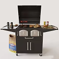 Outdoor Grill Cooking Burgers with Charcoal Buns Side Shelves and Condiments