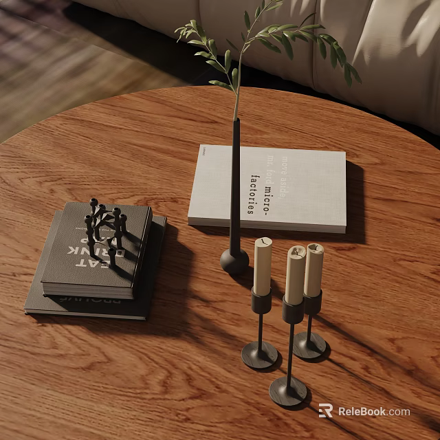 Minimalist Decorative Ornament Combination With Books Candle Holders And Plant Vase On Wooden Tabletop 3d model 