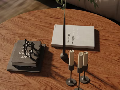 Minimalist Decorative Ornament Combination With Books Candle Holders And Plant Vase On Wooden Tabletop 3d model