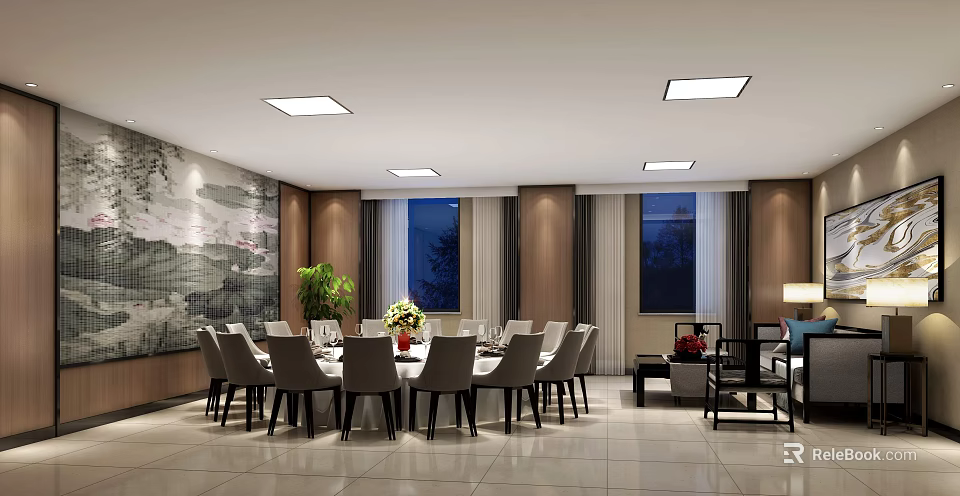 Modern Private Dining Room With Large Table Chairs Green Plant Artwork Sofa And Ceiling Lights 3d model