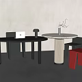 Modern Black Desk With Round Side Table Red Chair And Decorative Vase