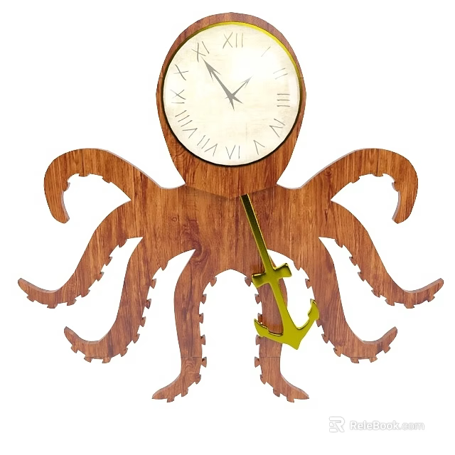 Octopus Shaped Wooden Clock with Green Anchor Pendulum Unique Design 3d model 
