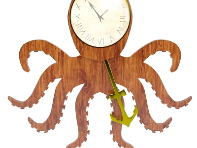 Octopus Shaped Wooden Clock with Green Anchor Pendulum Unique Design 3d model
