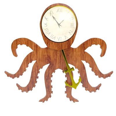 Octopus Shaped Wooden Clock with Green Anchor Pendulum Unique Design 3d model