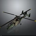 Green Camouflage Space Helicopter Model With Black Rotors Yellow Tips On Dark Background