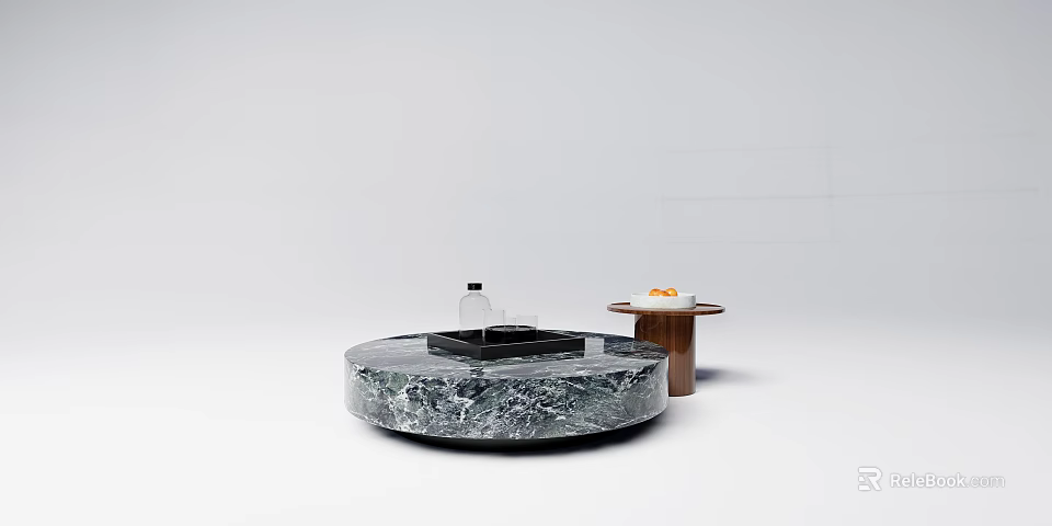 Elegant Marble Round Coffee Table With Tray Bottle And Side Wooden Stand 3d model 