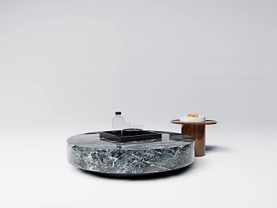 Elegant Marble Round Coffee Table With Tray Bottle And Side Wooden Stand 3d model