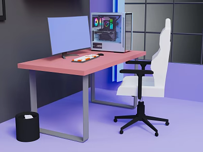 Pink Office Desk With Monitor Keyboard Mouse And White Chair In Modern Workspace 3d model