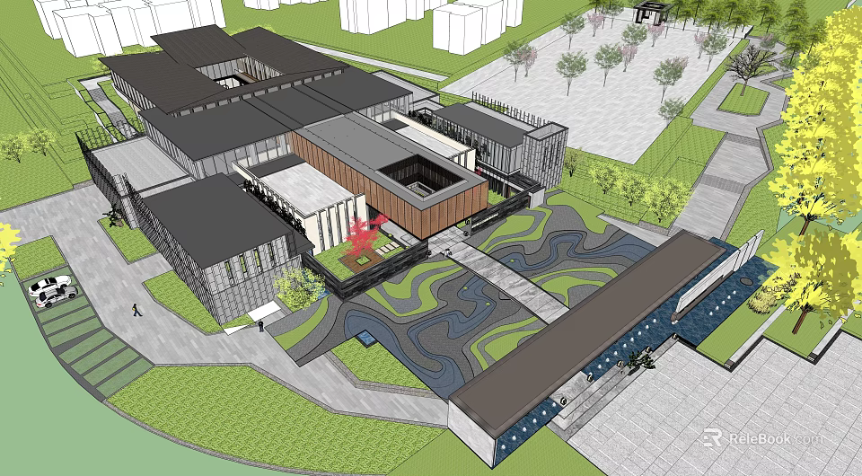 Modern Sales Office Building Exterior With Courtyard Greenery And Geometric Landscape Design 3d model 