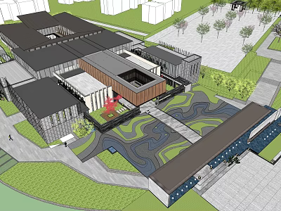 Modern Sales Office Building Exterior With Courtyard Greenery And Geometric Landscape Design 3d model