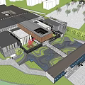 Modern Sales Office Building Exterior With Courtyard Greenery And Geometric Landscape Design