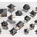 Traditional Garden Pavilions With Various Roof Styles And Miniature Models