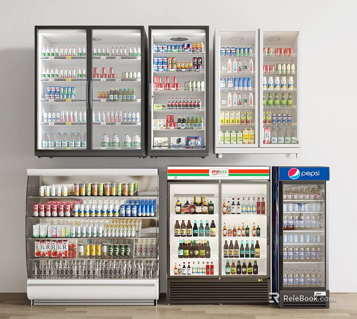 Refrigerators and Freezers Stocked with Various Bottled Beverages Including Sodas Juices and Water 3d model 