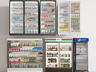 Refrigerators and Freezers Stocked with Various Bottled Beverages Including Sodas Juices and Water 3d model