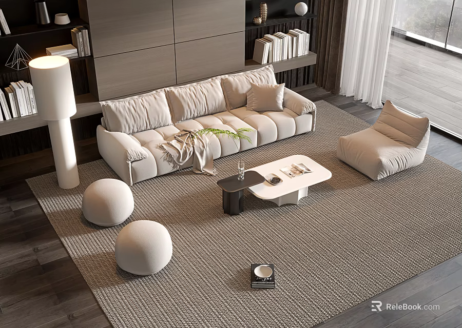 Modern Sofa And Coffee Table Set Minimalist Living Room With Light Upholstery Round Poufs Rug 3d model 