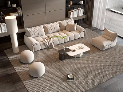 Modern Sofa And Coffee Table Set Minimalist Living Room With Light Upholstery Round Poufs Rug 3d model