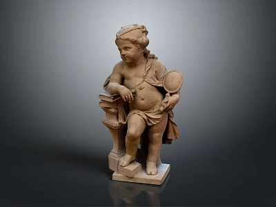 Classical Child Sculpture With Pedestal Base Holding Mirror And Intricate Details 3d model
