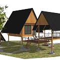 Wooden Guesthouse Building With Triangular Black Roof Balcony Staircase Surrounded By Green Plants And Grassland