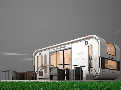 Modern Mobile Guesthouse Building With Large Windows Outdoor Seating And Green Lawn 3d model