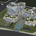 Modern Office Building Complex With Green Roof Surrounding Trees And Parking Area
