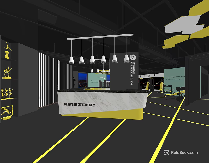 Modern KREZONIC Store Front Desk With Marble Countertop Hanging Pendant Lights And Black Yellow Interior 3d model 