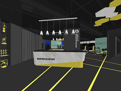 Modern KREZONIC Store Front Desk With Marble Countertop Hanging Pendant Lights And Black Yellow Interior 3d model