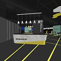 Modern KREZONIC Store Front Desk With Marble Countertop Hanging Pendant Lights And Black Yellow Interior