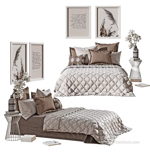 Double Bed Bedroom Interior With Modern Bedding Pillows Decorative Paintings Nightstands And Vases 3d model 