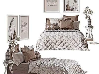 Double Bed Bedroom Interior With Modern Bedding Pillows Decorative Paintings Nightstands And Vases 3d model