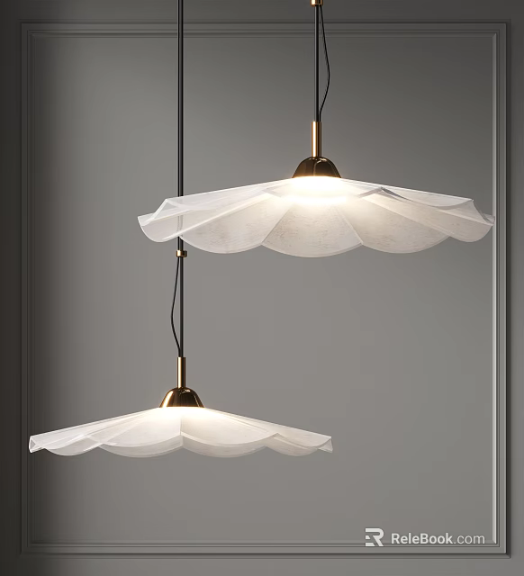 Two Petal Shaped Hanging Chandeliers With White Lampshades And Golden Bases Lit In Grey Background 3d model 