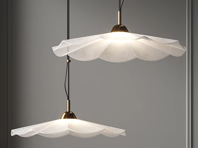 Two Petal Shaped Hanging Chandeliers With White Lampshades And Golden Bases Lit In Grey Background 3d model