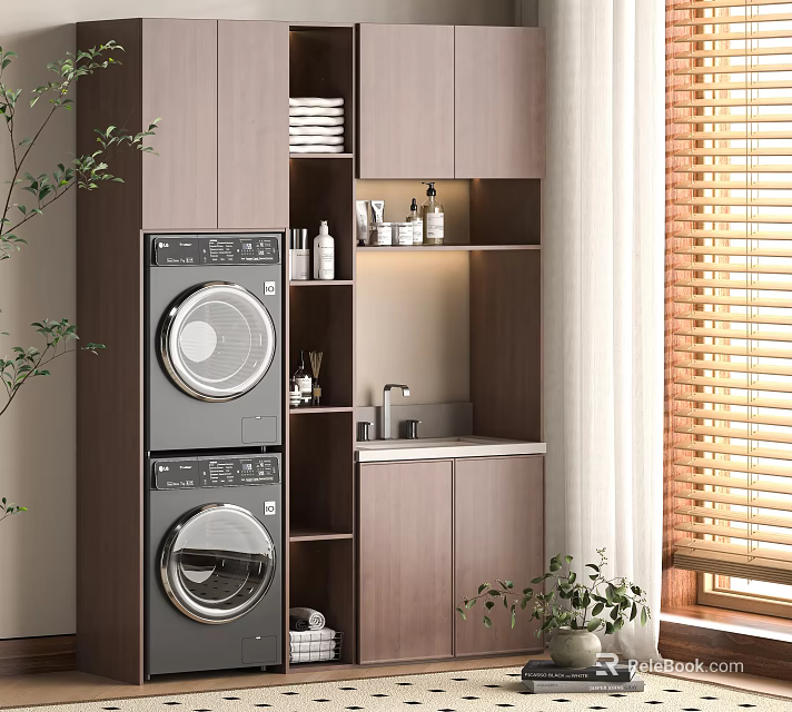 Balcony Cabinet With Stacked Washing Machines And Storage Shelves Near Window Blinds And Plants 3d model 