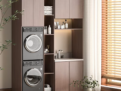 Balcony Cabinet With Stacked Washing Machines And Storage Shelves Near Window Blinds And Plants 3d model