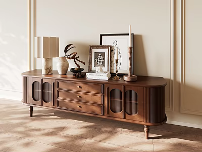 Elegant Wooden TV Stand with Drawers Glass Doors Lamp Vase Plant Frames on Beige Wall 3d model