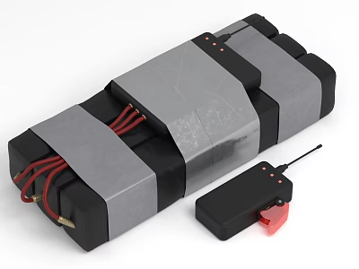 Homemade Wrapped Device With Red Wires And Black Remote Control Antenna 3d model