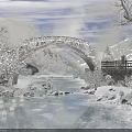 Snowy Garden Landscape With Arch Bridge Frozen River And Snow Covered Trees