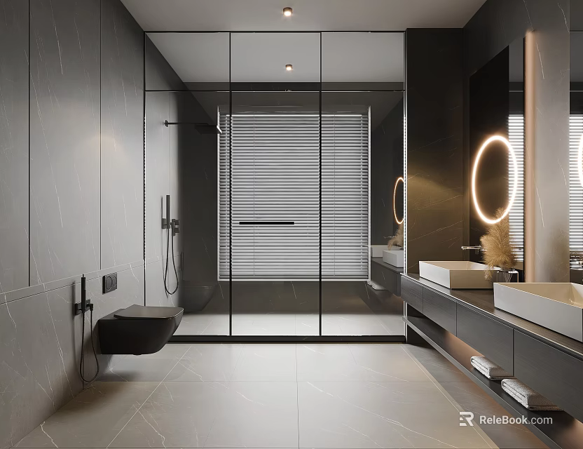 Modern Bathroom Interior Design With Gray Tiles Glass Shower Double Vanity And Round Mirror Lights 3d model 