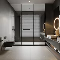 Modern Bathroom Interior Design With Gray Tiles Glass Shower Double Vanity And Round Mirror Lights