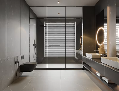 Modern Bathroom Interior Design With Gray Tiles Glass Shower Double Vanity And Round Mirror Lights 3d model