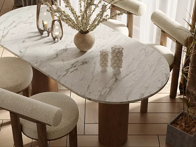 Elegant Modern Dining Table Set with Marble Top Upholstered Chairs Decorative Ornaments in Natural Light 3d model
