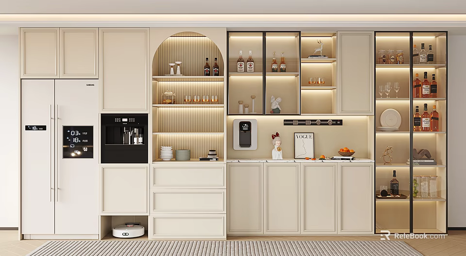Modern Kitchen Wine Cabinet With Glass Doors Built in Lighting And Display Shelves 3d model 