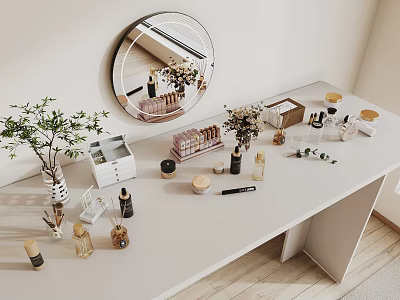 Elegant Perfume Cosmetics Display On Modern Dressing Table With Round Mirror And Green Plants 3d model