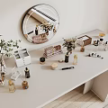 Elegant Perfume Cosmetics Display On Modern Dressing Table With Round Mirror And Green Plants