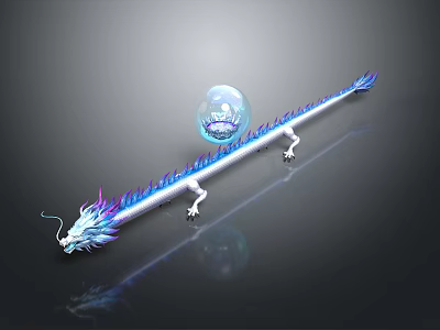 Blue And Purple Dragon With Slender Body Claws And Transparent Sphere With Blue Patterns 3d model