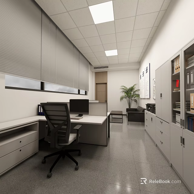 Modern Office Interior With Desk Chair Computer Monitor File Cabinets And Potted Plant 3d model 