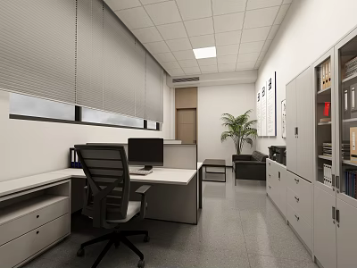Modern Office Interior With Desk Chair Computer Monitor File Cabinets And Potted Plant 3d model